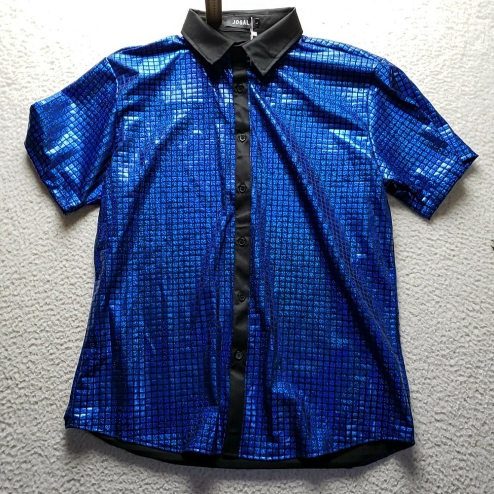 NEW Jogal Shirt Mens Large Blue Metallic Geometric Short Sleeve Button-Up Disco